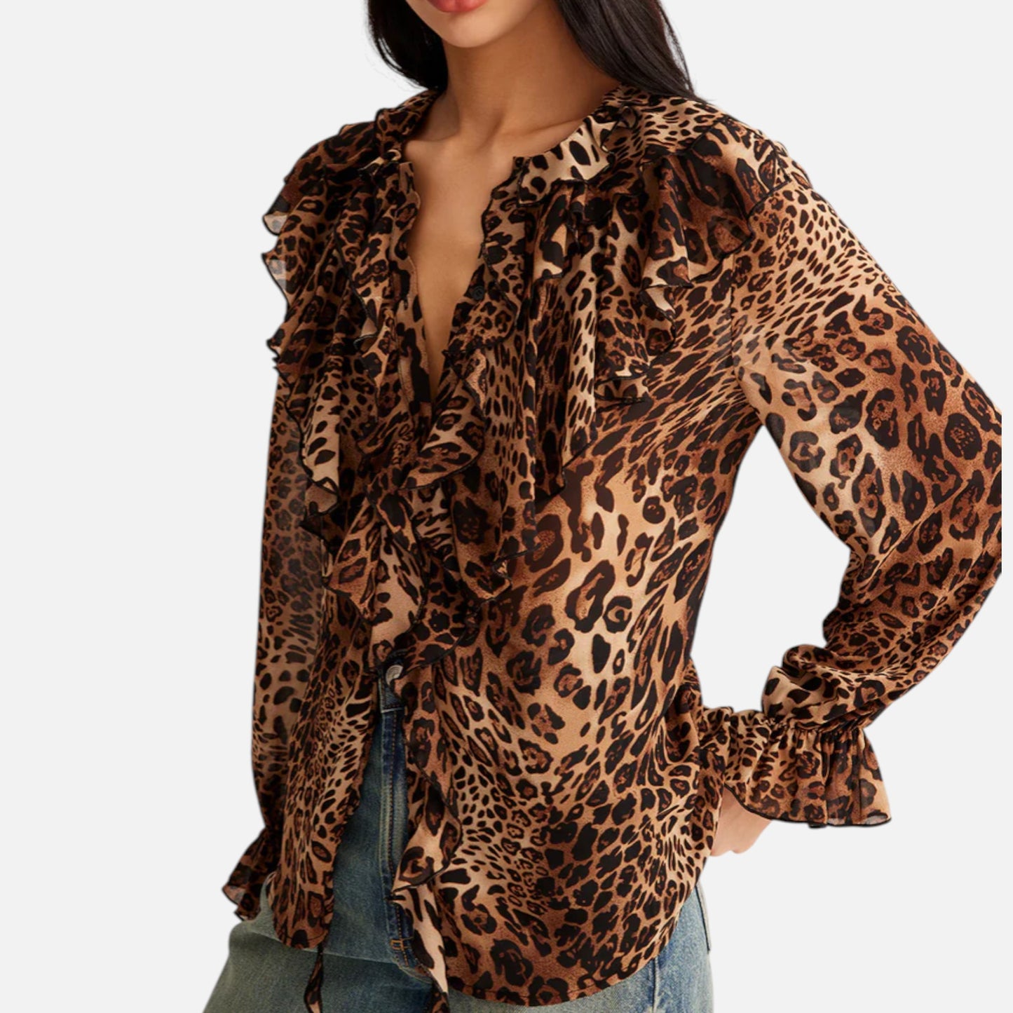 Maison Aurelle | Leopard Print Ruffle Blouse for Women