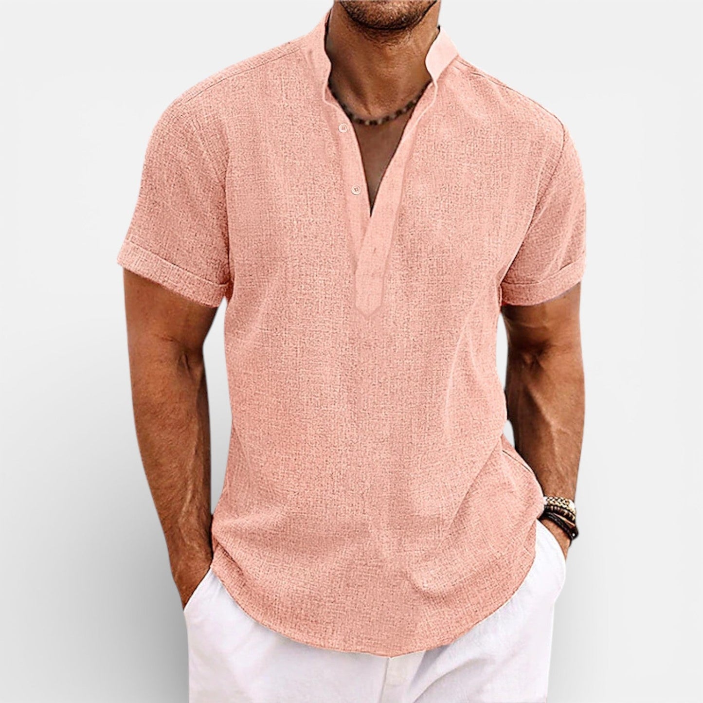 Maison Aurelle - Men’s Linen Cotton Henley Shirt Breathable Relaxed Fit 9