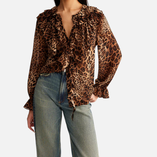 Maison Aurelle | Leopard Print Ruffle Blouse for Women