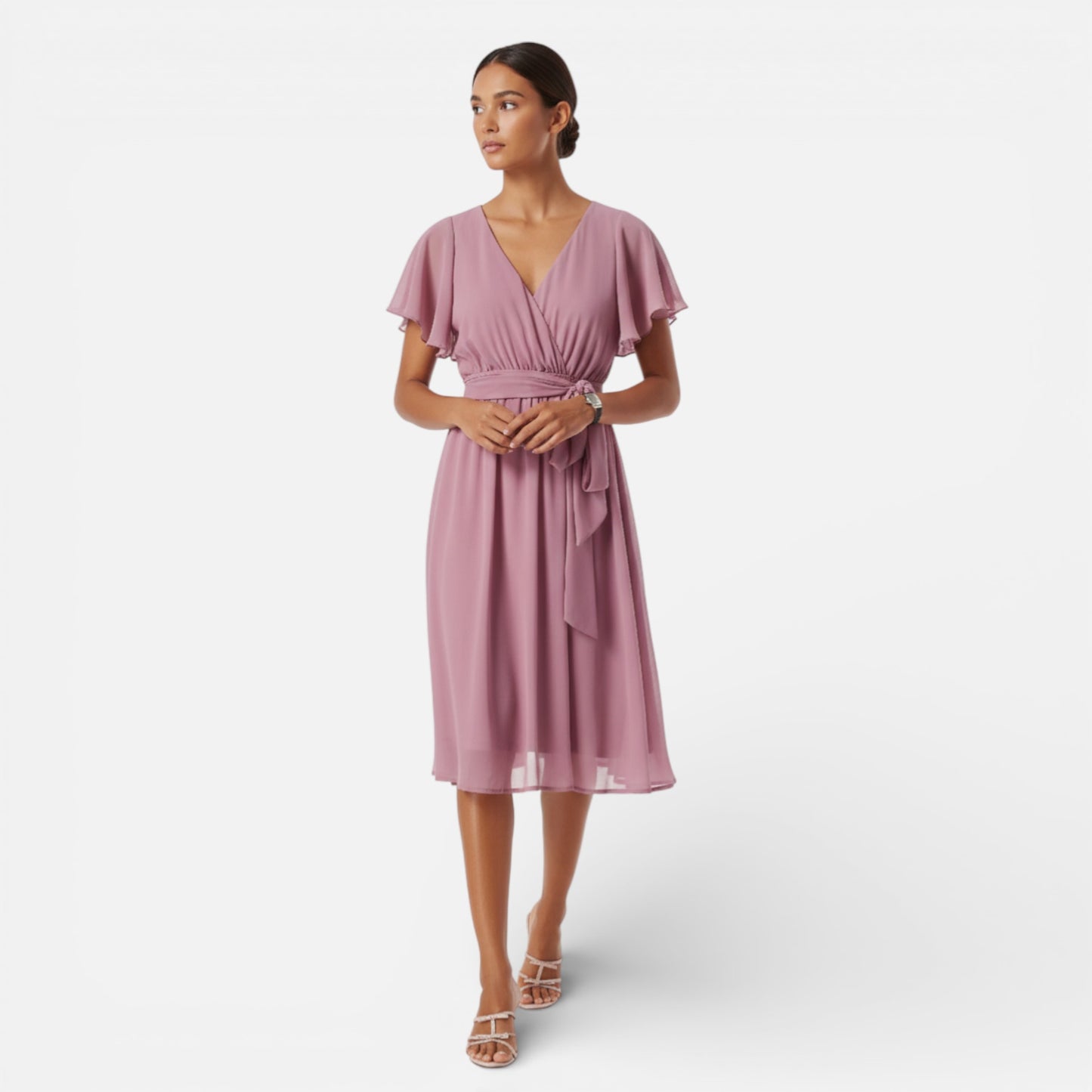 Maison Aurelle | Chiffon Wrap Midi Dress – Mauve Elegance
