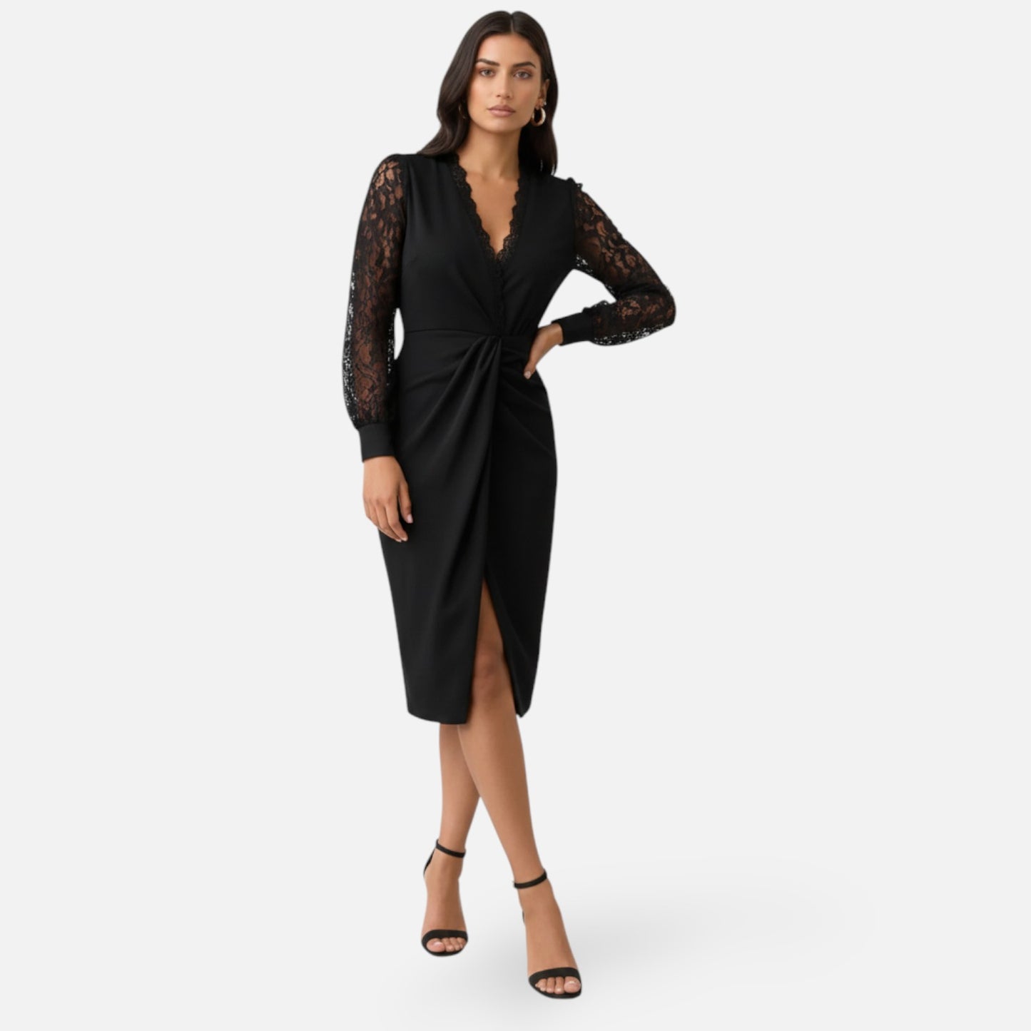 Maison Aurelle | Women’s Lace Sleeve Midi Dress for Formal Events