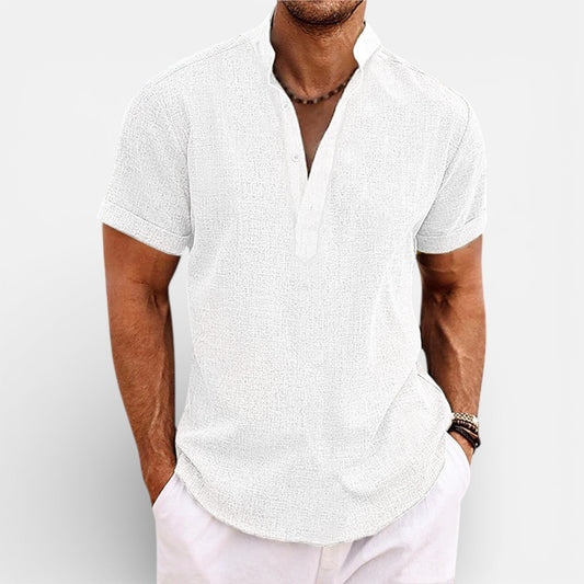 Maison Aurelle - Men’s Linen Cotton Henley Shirt Breathable Relaxed Fit 0