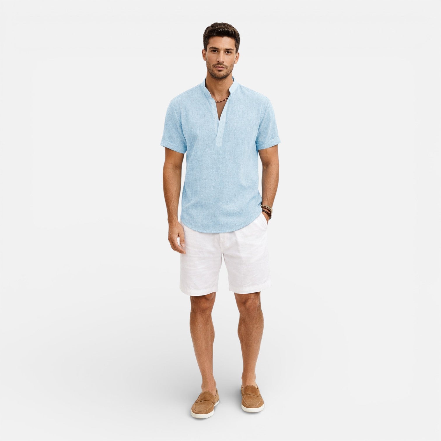 Maison Aurelle - Men’s Linen Cotton Henley Shirt Breathable Relaxed Fit 1