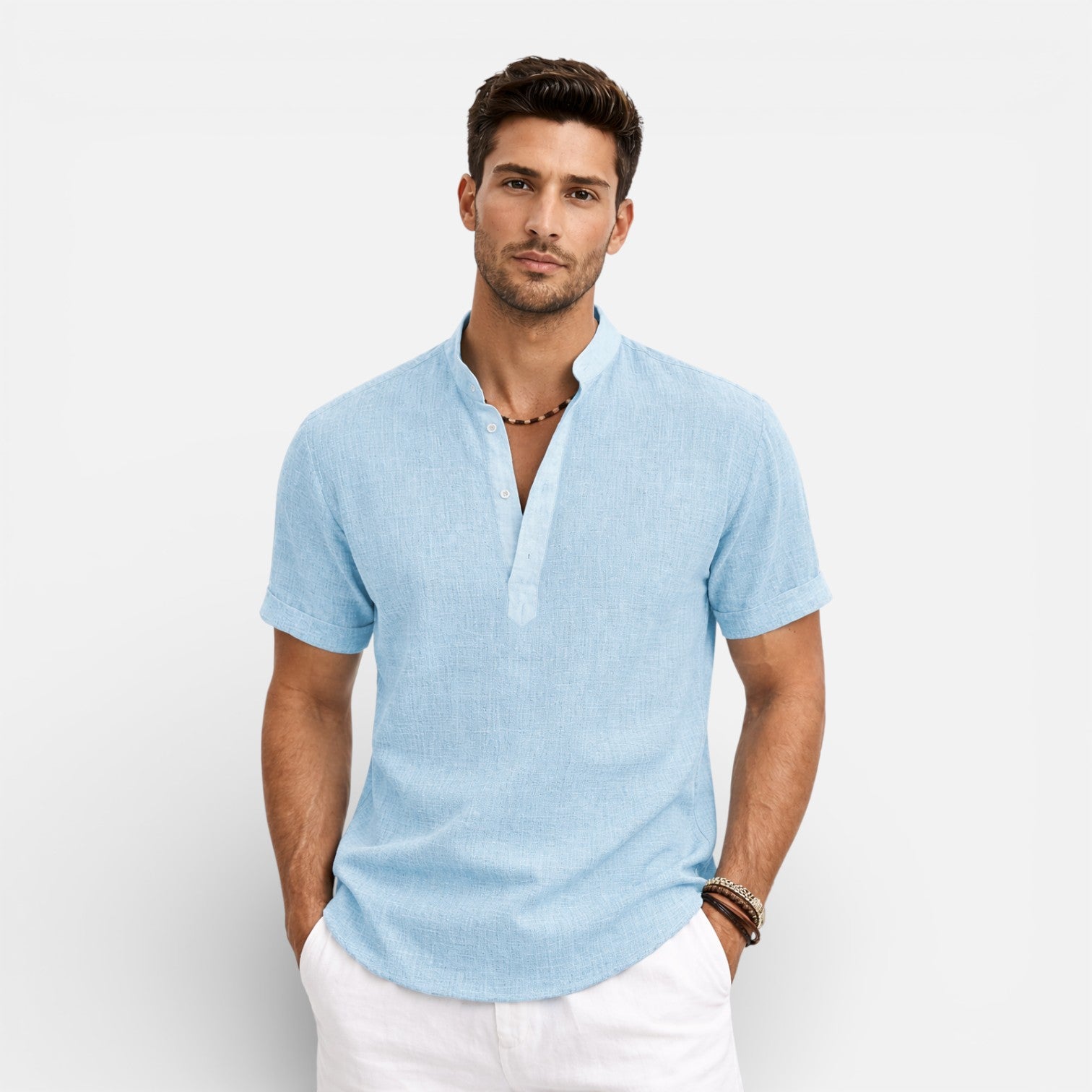 Maison Aurelle - Men’s Linen Cotton Henley Shirt Breathable Relaxed Fit 5