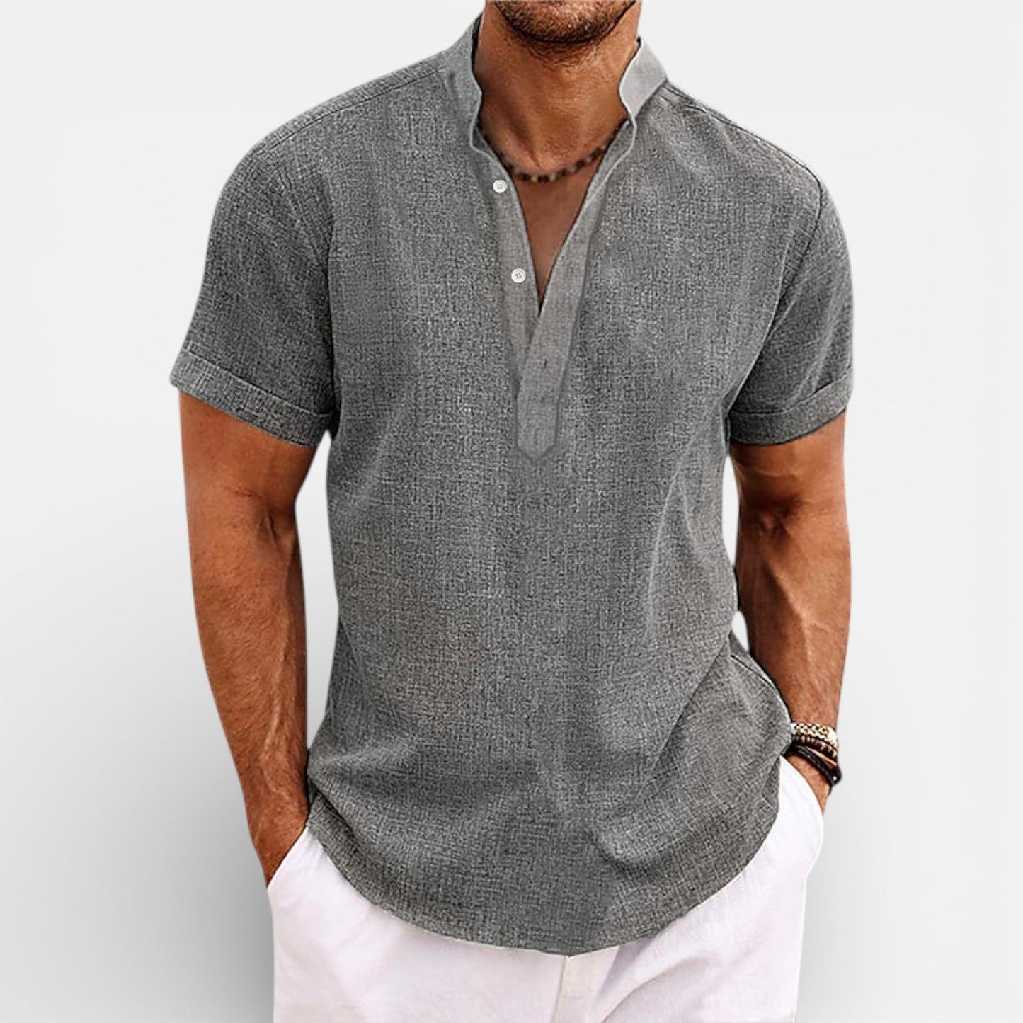 Maison Aurelle - Men’s Linen Cotton Henley Shirt Breathable Relaxed Fit 7
