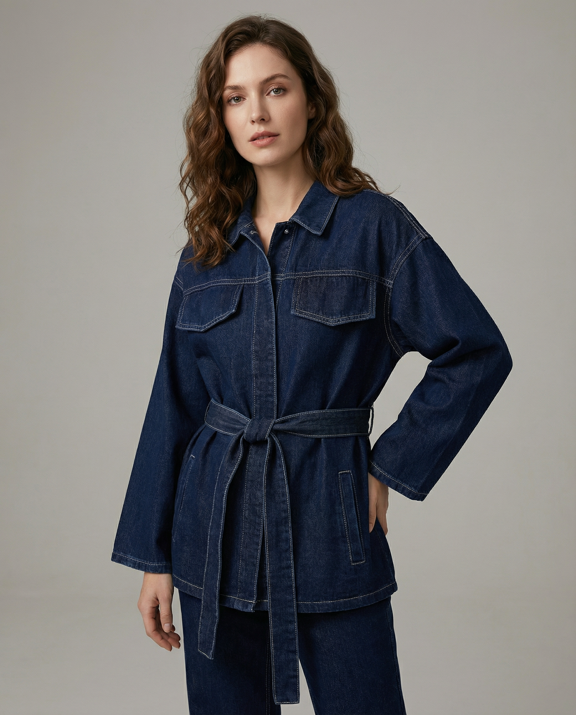 Maison Aurelle - Women’s Denim Jacket Adjustable Tie Belt Chic Casual Style 3