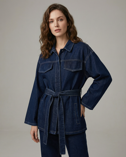 Maison Aurelle - Women’s Denim Jacket Adjustable Tie Belt Chic Casual Style 3