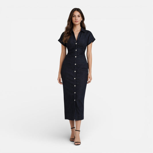 Maison Aurelle - Women’s Denim Midi Dress Tailored Elegant Fit Classic 0