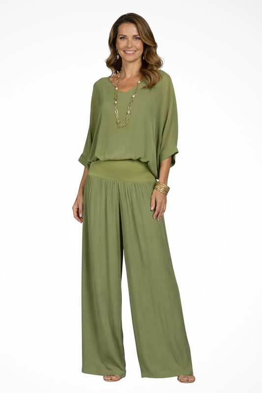 Maison Aurelle - Women’s Loungewear Set Soft Draped Top Wide Leg Trousers 0