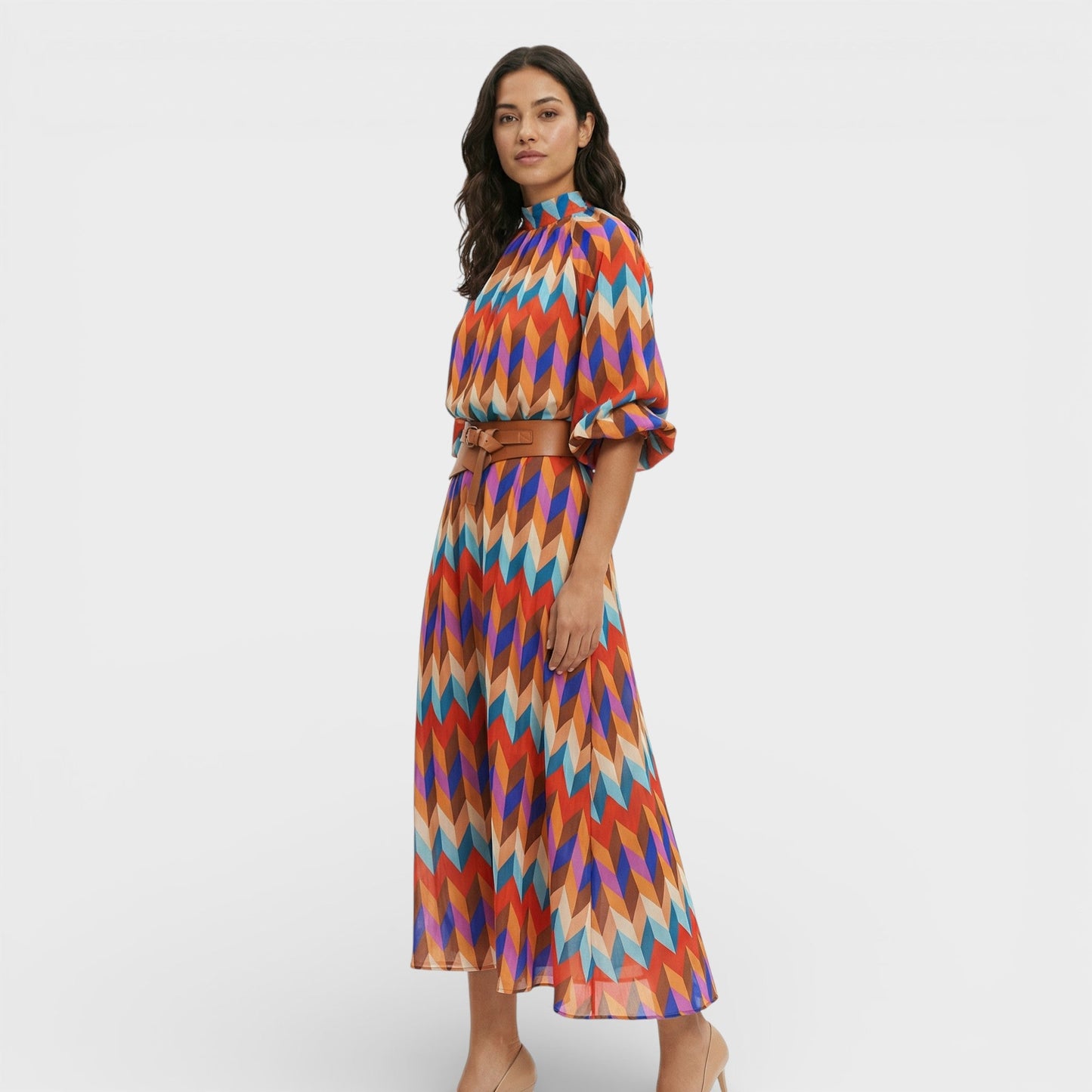 Maison Aurelle - Women’s Midi Dress Colorful Comfortable Elegant Fit 0