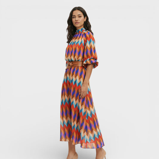 Maison Aurelle - Women’s Midi Dress Colorful Comfortable Elegant Fit 0