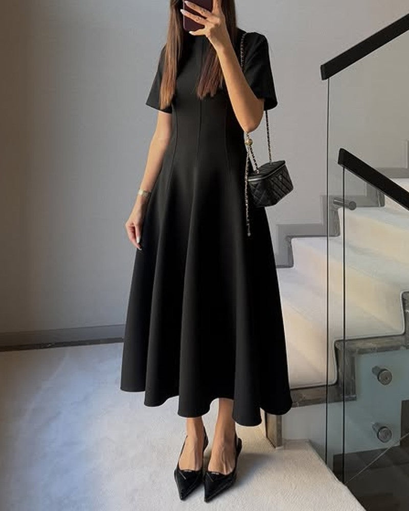 Maison Aurelle - Women’s Polyester Midi Dress Elegant A-Line Timeless Black 0