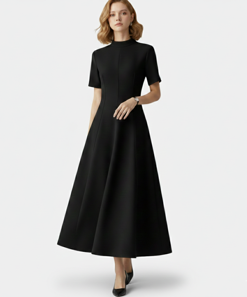 Maison Aurelle - Women’s Polyester Midi Dress Elegant A-Line Timeless Black 1