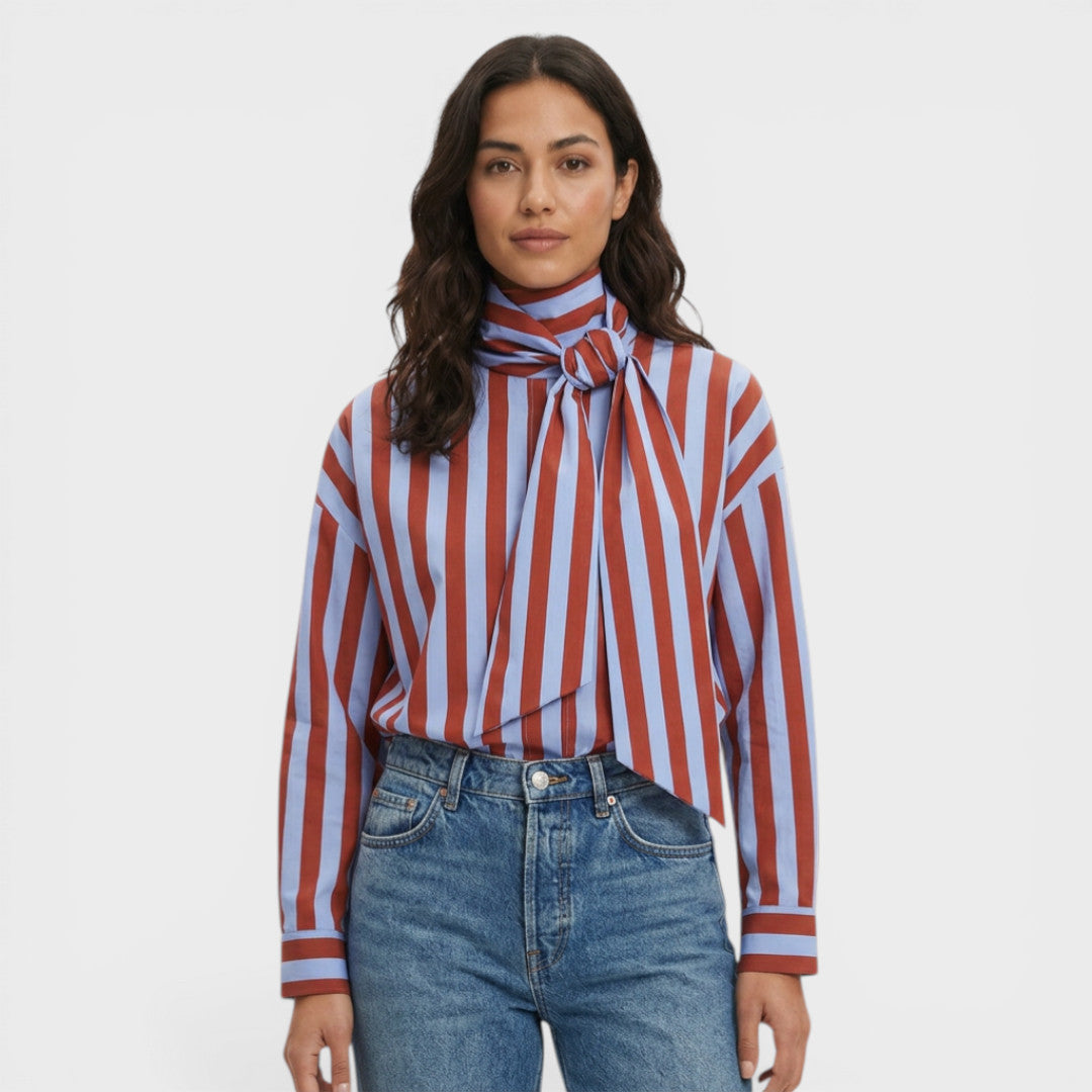 Maison Aurelle - Women’s Striped Shirt Cotton Blend Elegant Fit 0