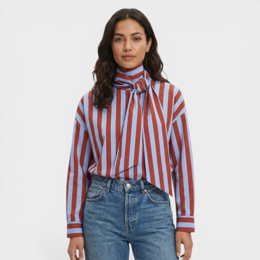 Maison Aurelle - Women’s Striped Shirt Cotton Blend Elegant Fit 0