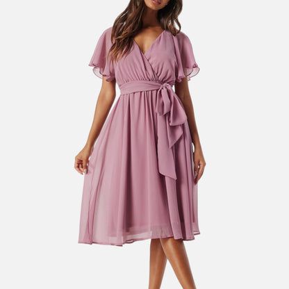 Maison Aurelle | Chiffon Wrap Midi Dress – Mauve Elegance