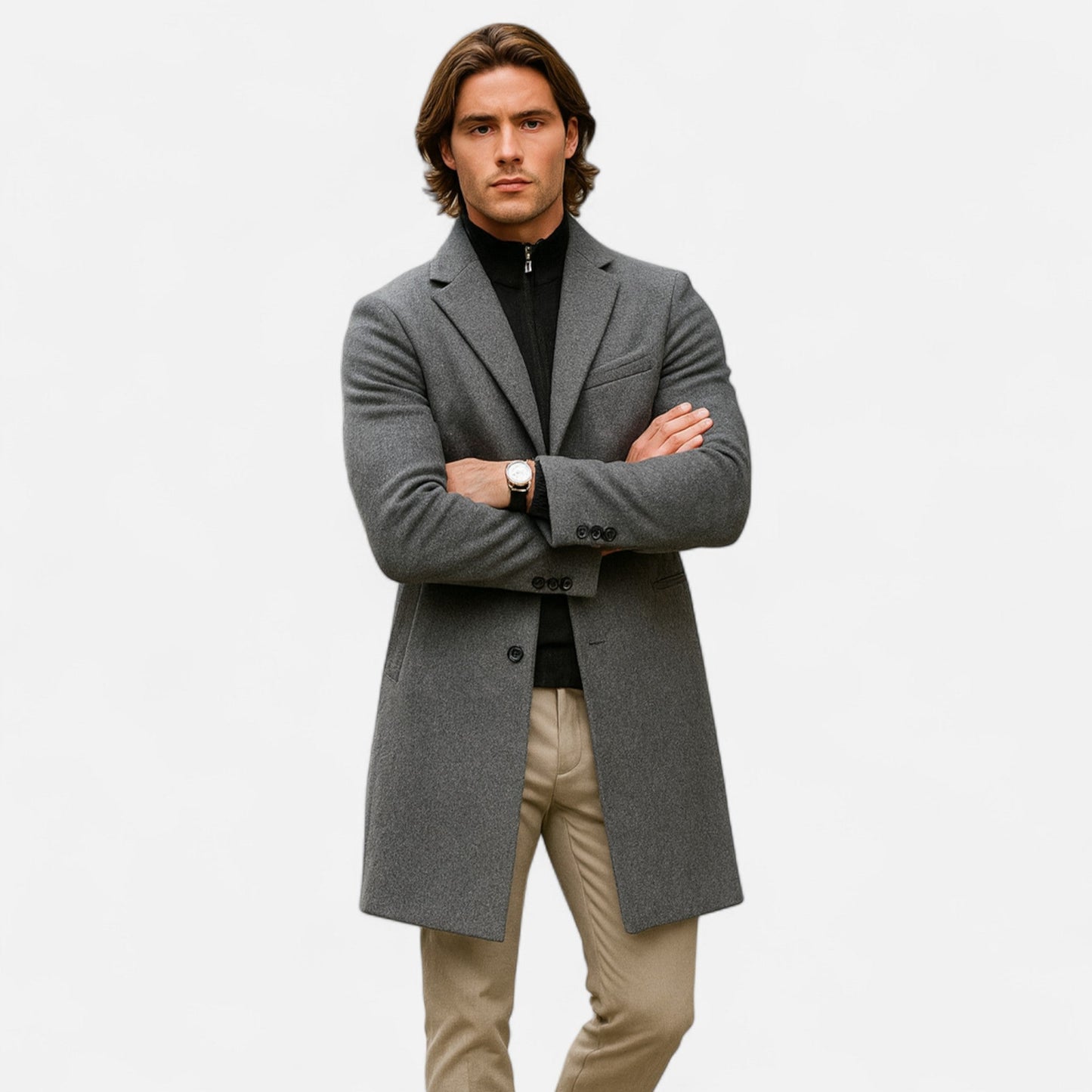Maison Aurelle Men's Classic Long Coat | Premium Wool Blend, Tailored Fit