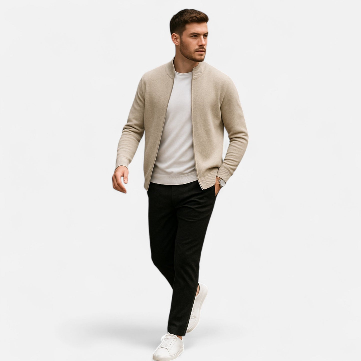 Maison Aurelle Men's Zip Cardigan | Merino Wool & Cashmere Blend, Mock-Collar Design