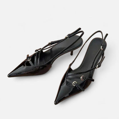 Maison Aurelle  Women's Black Heels | Satin Finish, Hollow-Out Design