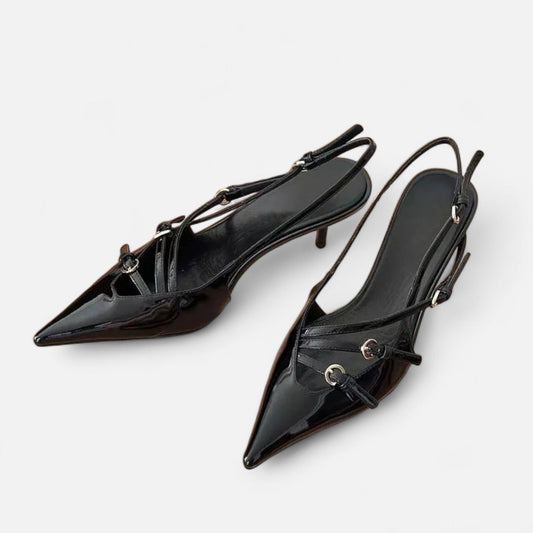 Maison Aurelle  Women's Black Heels | Satin Finish, Hollow-Out Design