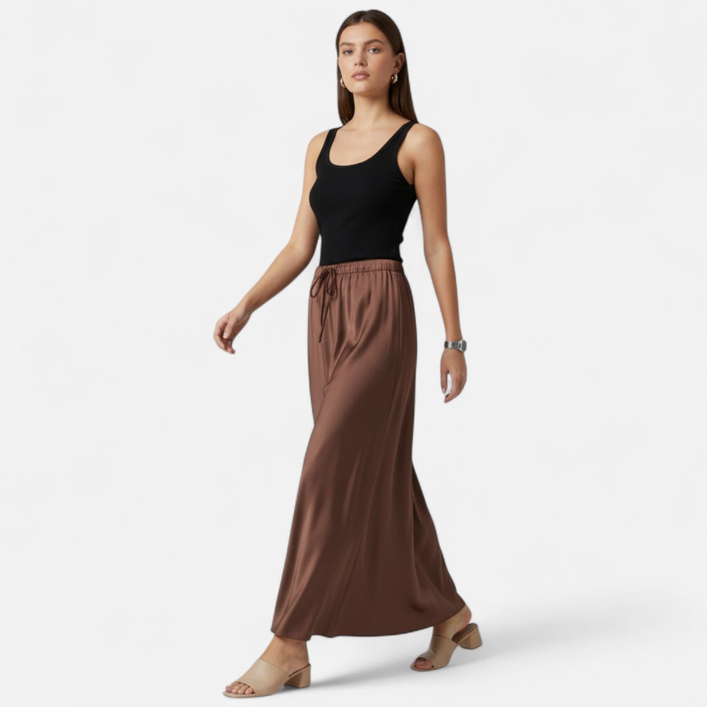 Maison Aurelle Women's Midi Skirt | High-Waist Satin Elegance