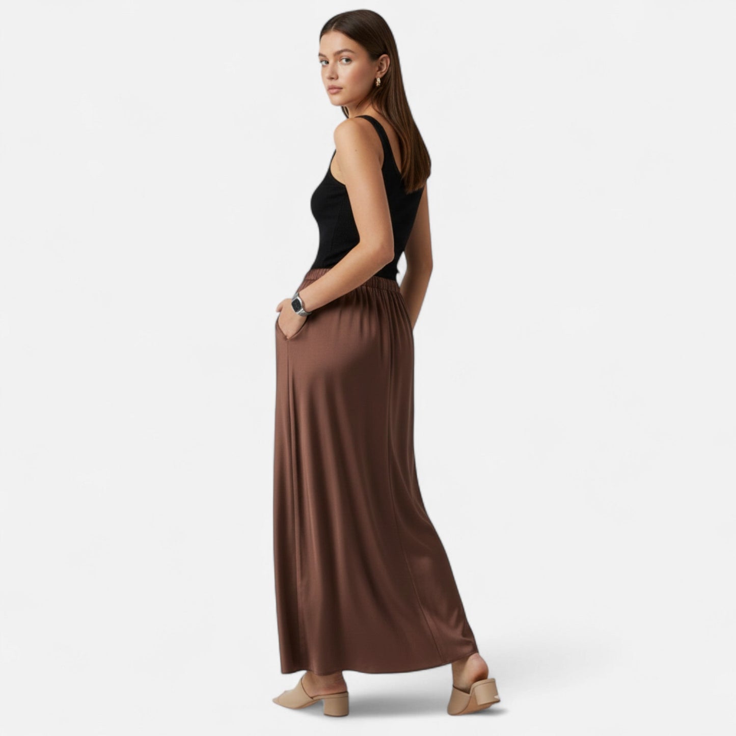 Maison Aurelle Women's Midi Skirt | High-Waist Satin Elegance