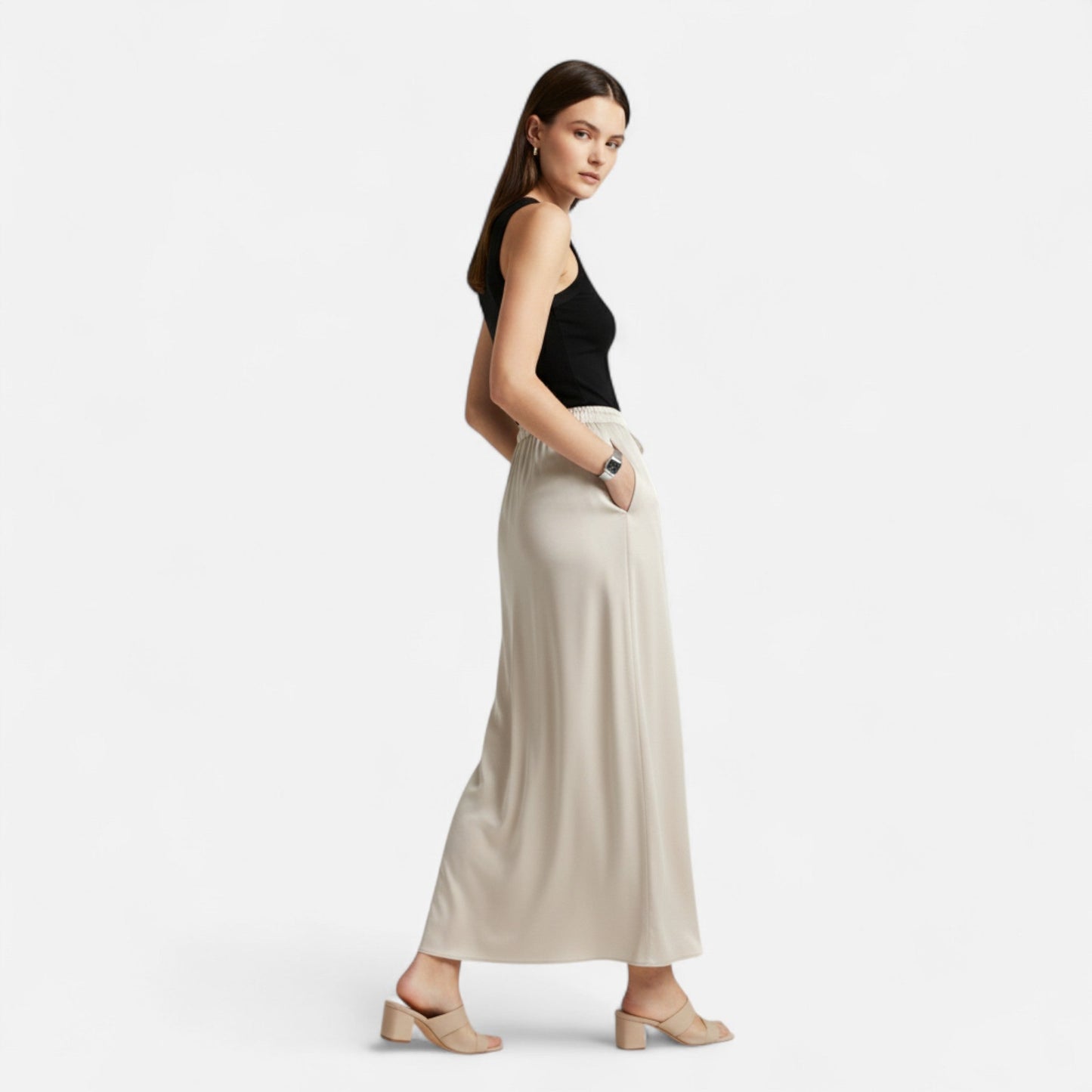 Maison Aurelle Women's Midi Skirt | High-Waist Satin Elegance