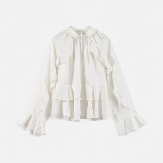 Maison Aurelle Women's Puff Sleeve Blouse | Chiffon with Ruffled Details