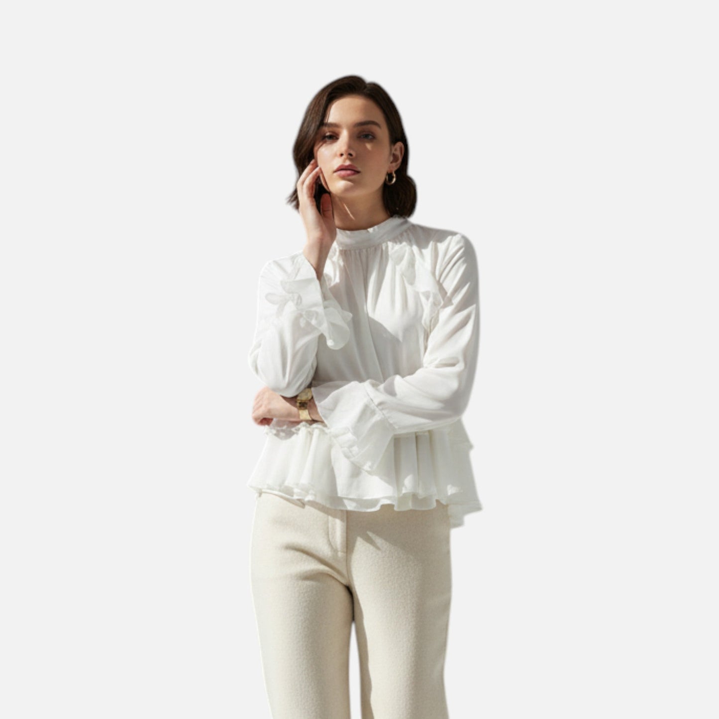 Maison Aurelle Women's Puff Sleeve Blouse | Chiffon with Ruffled Details