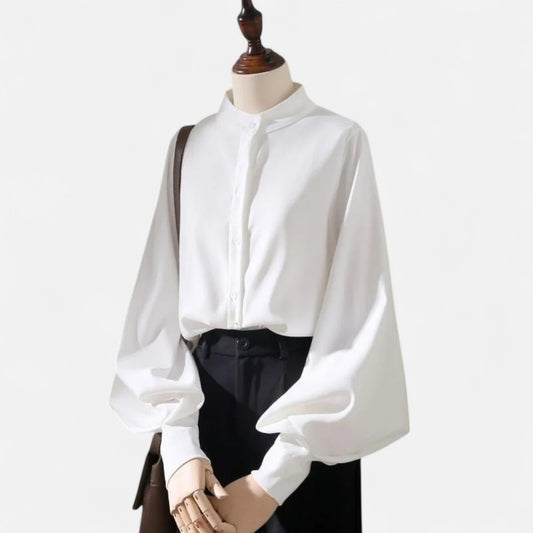 Maison Aurelle Women's Satin Blouse | Elegant Stand Collar, Lantern Sleeves