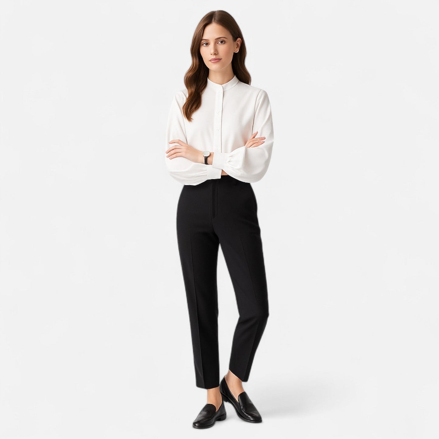 Maison Aurelle Women's Satin Blouse | Elegant Stand Collar, Lantern Sleeves
