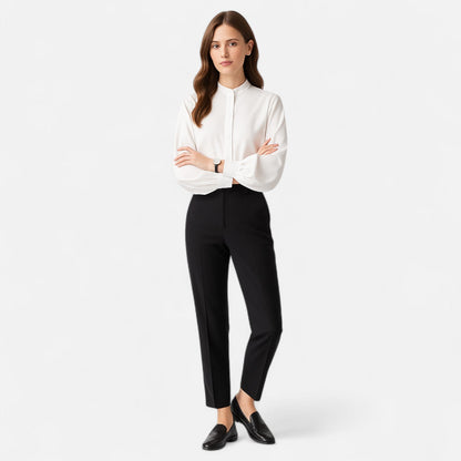 Maison Aurelle Women's Satin Blouse | Elegant Stand Collar, Lantern Sleeves