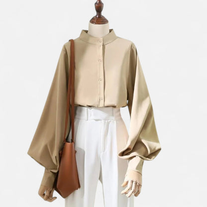 Maison Aurelle Women's Satin Blouse | Elegant Stand Collar, Lantern Sleeves