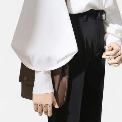 Maison Aurelle Women's Satin Blouse | Elegant Stand Collar, Lantern Sleeves