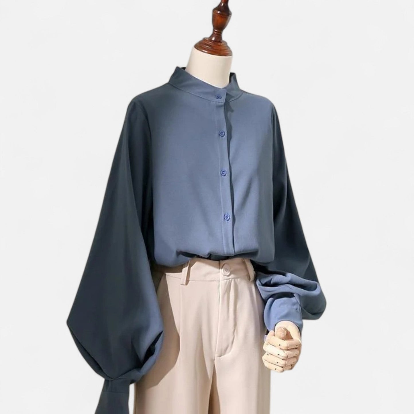Maison Aurelle Women's Satin Blouse | Elegant Stand Collar, Lantern Sleeves