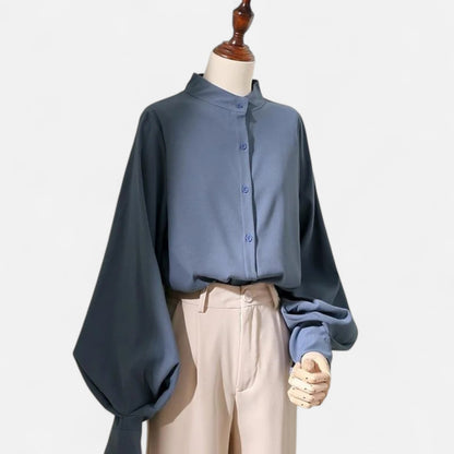 Maison Aurelle Women's Satin Blouse | Elegant Stand Collar, Lantern Sleeves