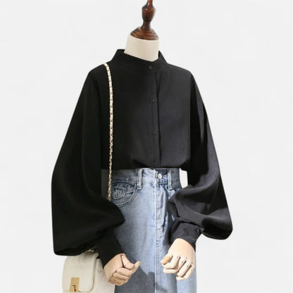 Maison Aurelle Women's Satin Blouse | Elegant Stand Collar, Lantern Sleeves