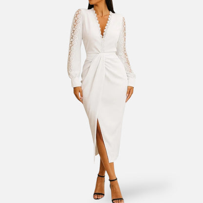 Maison Aurelle | Women’s Lace Sleeve Midi Dress for Formal Events